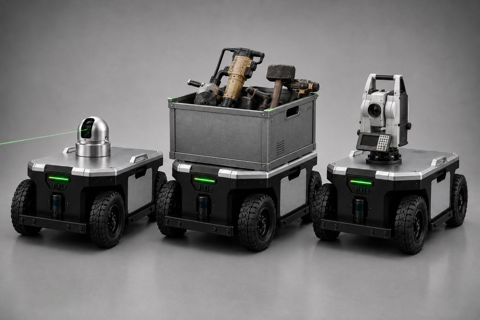 Concept visualisation: the same PRALEX chassis with three attachments — a laser marking head, a material basket with tools for follow-me operation, and a total station for surveying.