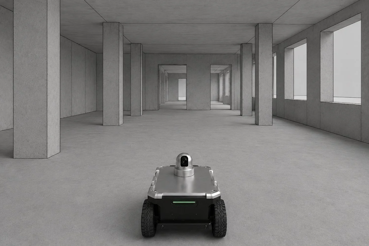 Concept visualisation: the same room as a BIM model in Revit's 'shaded surfaces' display — plain grey concrete surfaces with thin edge lines, columns, window openings and door passages.