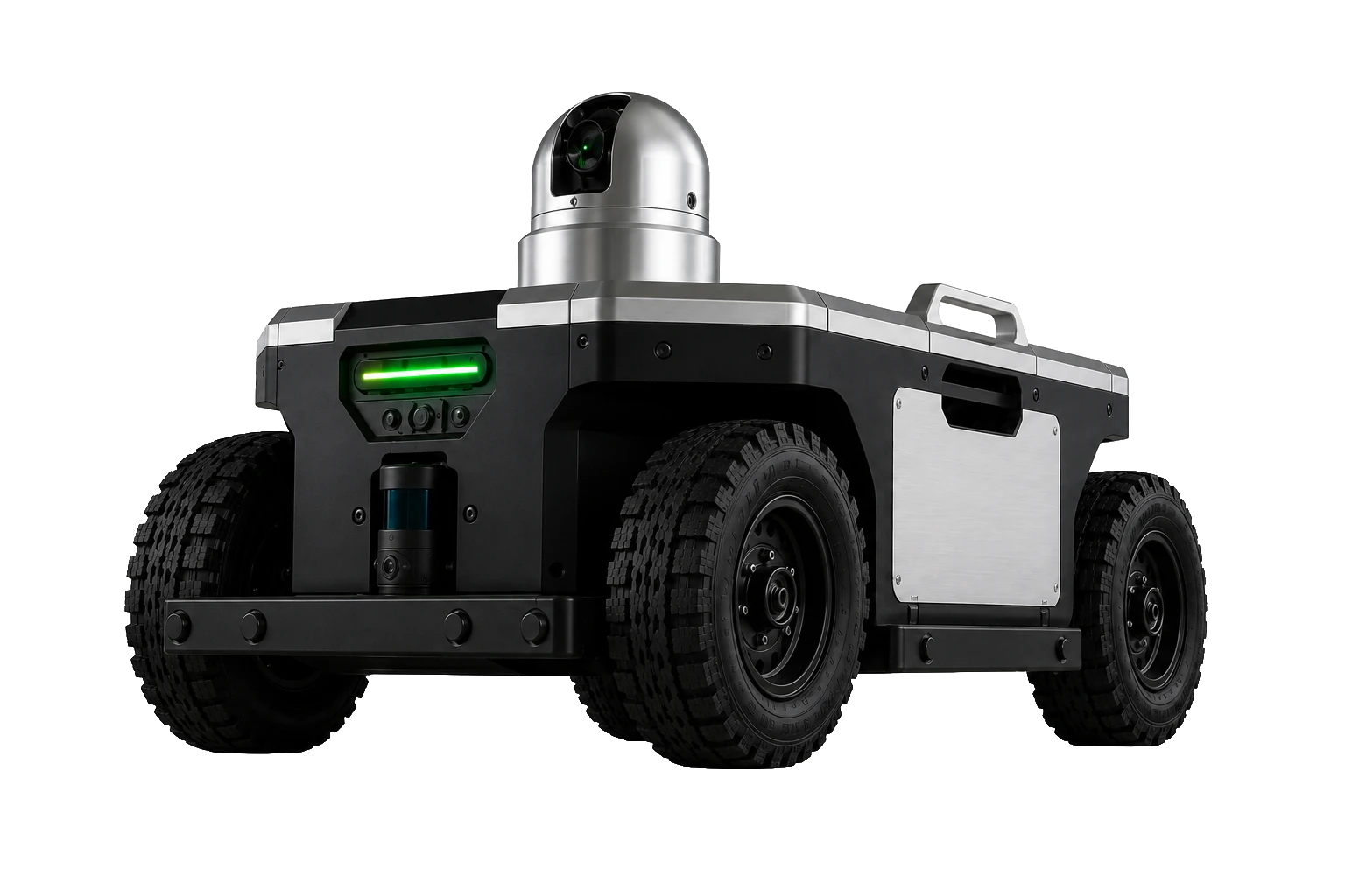 Design study of the PRALEX marking robot: aluminium chassis on all-terrain wheels, pan-tilt module with a green marking laser, status bar, LIDAR and camera. Concept visualisation, not a photo of an available product.