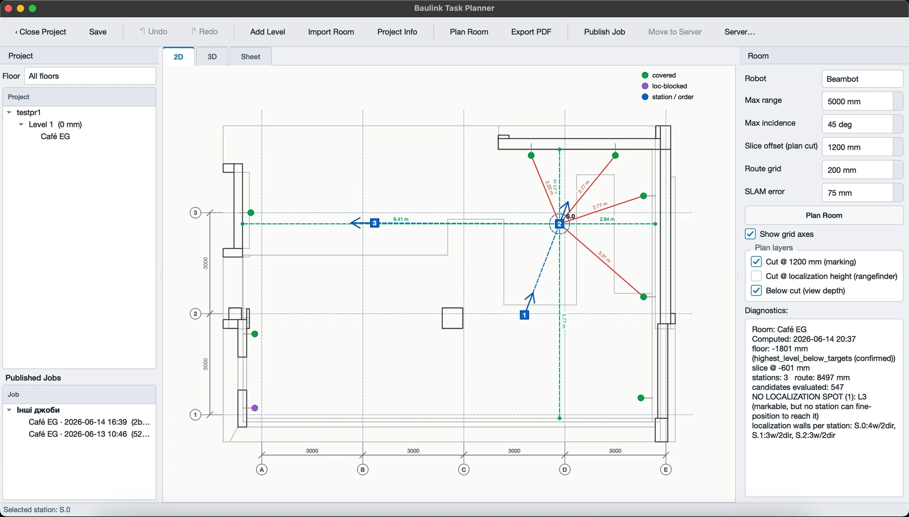 Screenshot of PRALEX Planner: a 2D floor plan of a room with a station, reachable points, a planned route and a diagnostics panel with key figures.