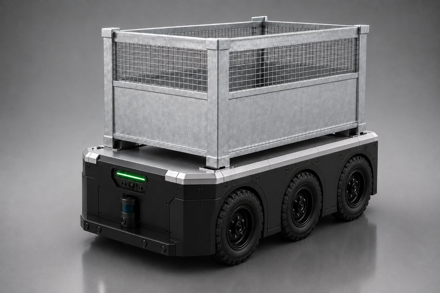 PRALEX transport robot — six-wheeled platform with a steel material box. Concept visualisation.